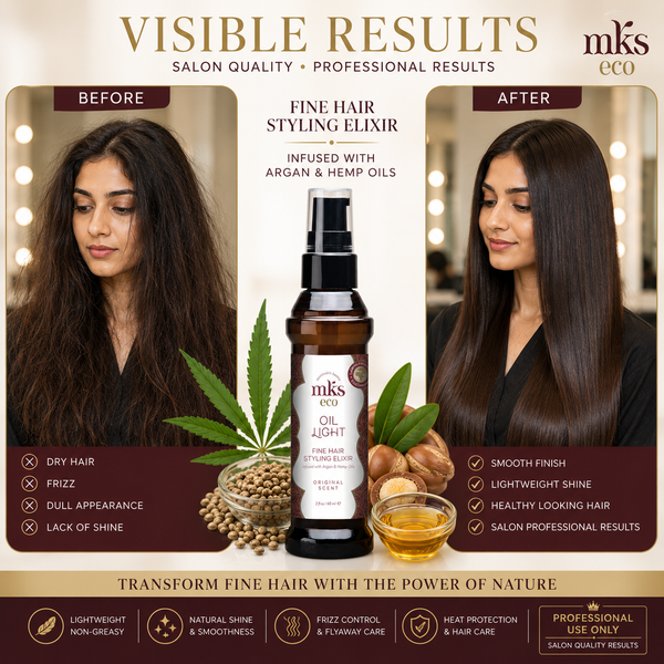MKS eco Oil Light - Hair Styling Elixir - Moroccan Argan Oil, Hemp Seed Oil - Ideal for Fine Hair - Moisturize, Nourish Hair & Control Frizz - Vegan & Cruelty Free (2 fl oz 60 ml)