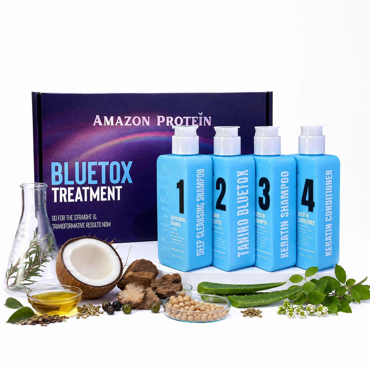 Amazon Protein Bluetox Monodoes KIT Hair Treatment Kit, 4-Step Professional Straightening System 480ml