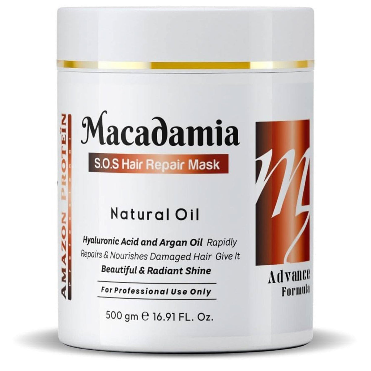 Amazon Protein Macadamia S.O.S Hair Repair Mask, Natural Oil with Hyaluronic Acid and Argan Oil, Professional Formula, 500g/16.91 FL. Oz.