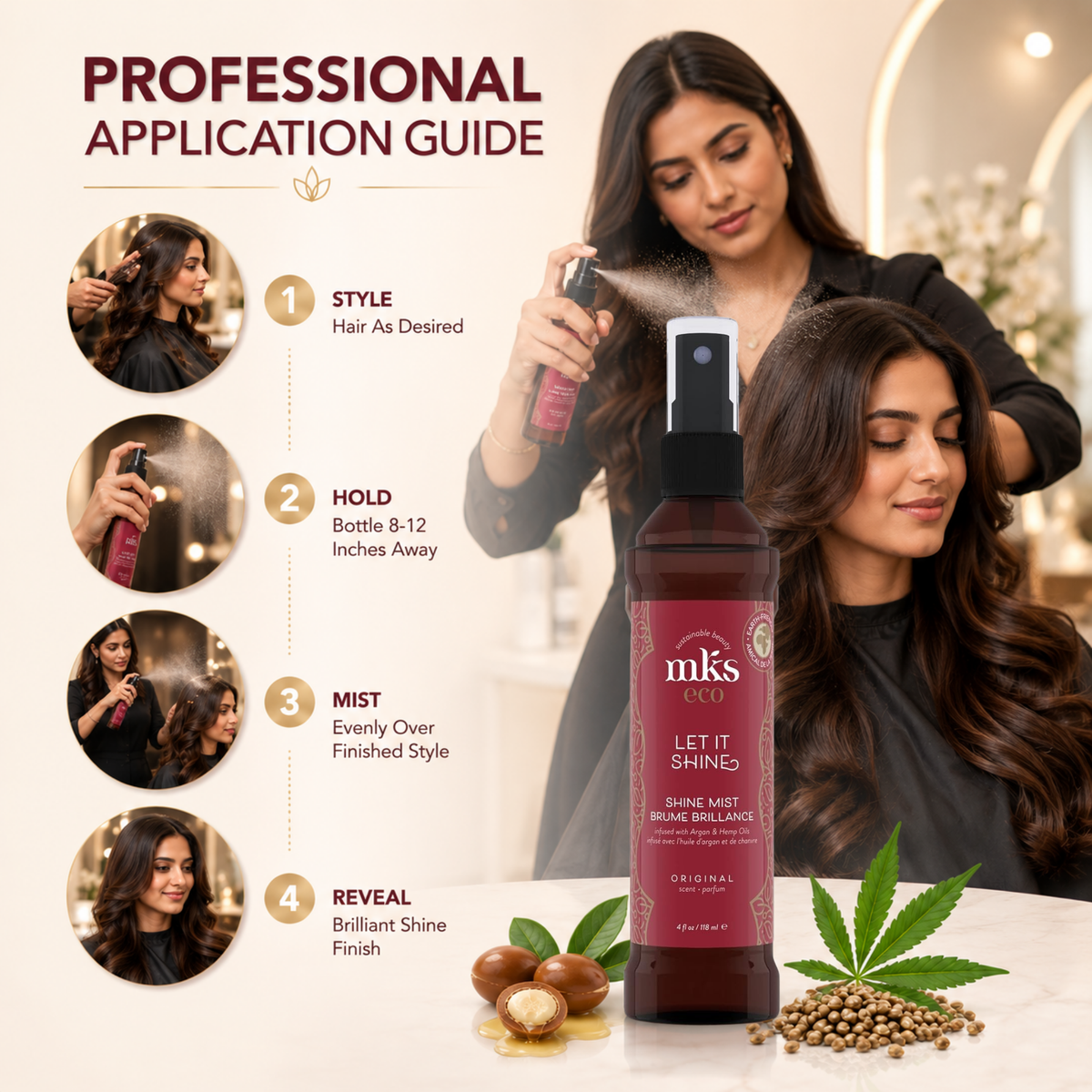 MKS eco Let It Shine Hair Mist, how to use instructions