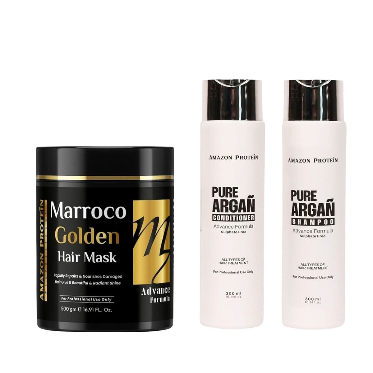 Amazon Protein Morocco Golden Hair Mask 500g + Argan Oil Shampoo & Conditioner 300ml Each | Deep Repair, Hydration & Frizz Control | Sulfate-Free Hair Care Combo