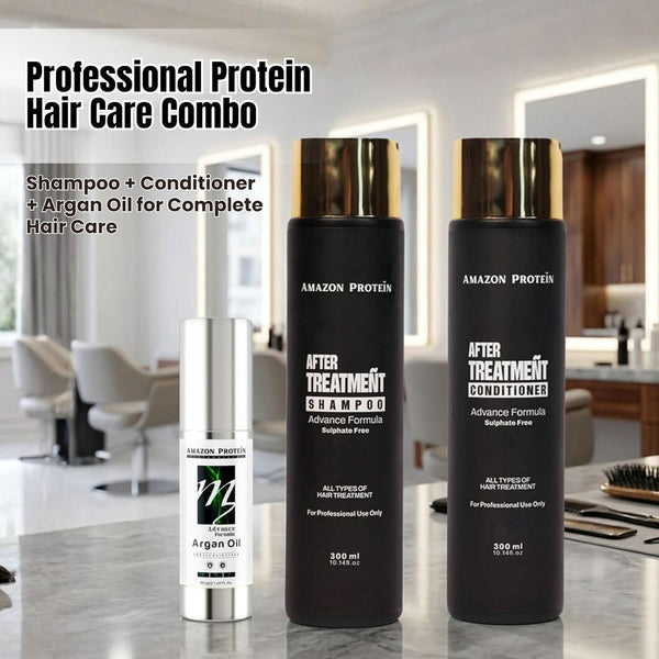 Amazon Protein Hair Care Combo – Sulphate Free Shampoo (300ml) + Conditioner (300ml) + Argan Oil (50ml) | Advanced Repair for Dry, Damaged & Chemically Treated Hair | Deep Nourishment, Frizz Control & Shine Boost | Salon Care