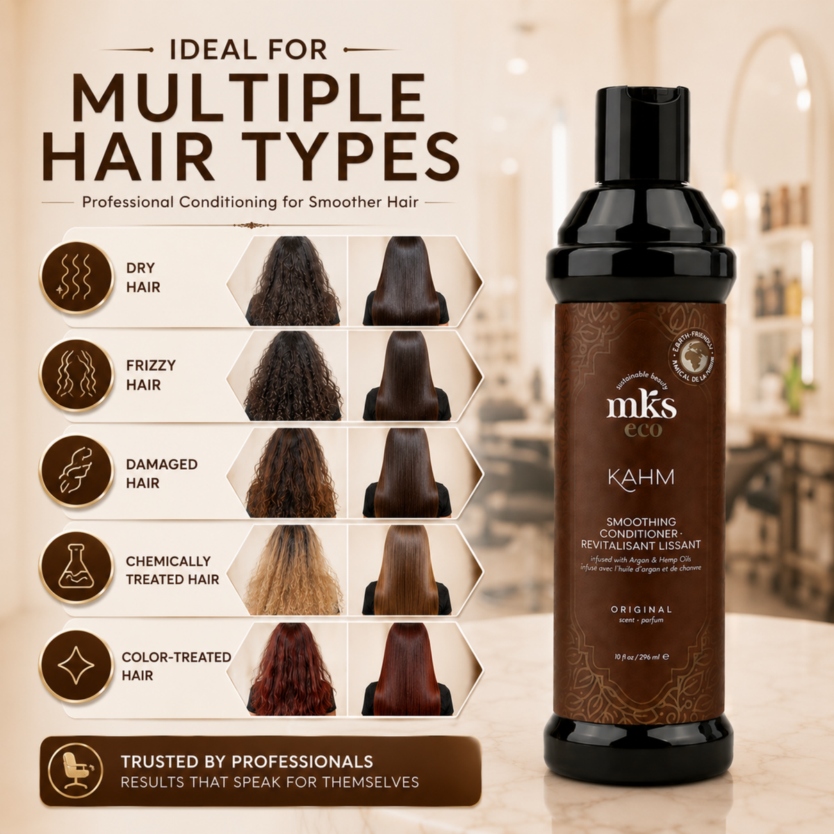MKS eco Kahm Smoothing Conditioner, ingredients: moroccan argan oil, hemp seed oil, vegetable keratin