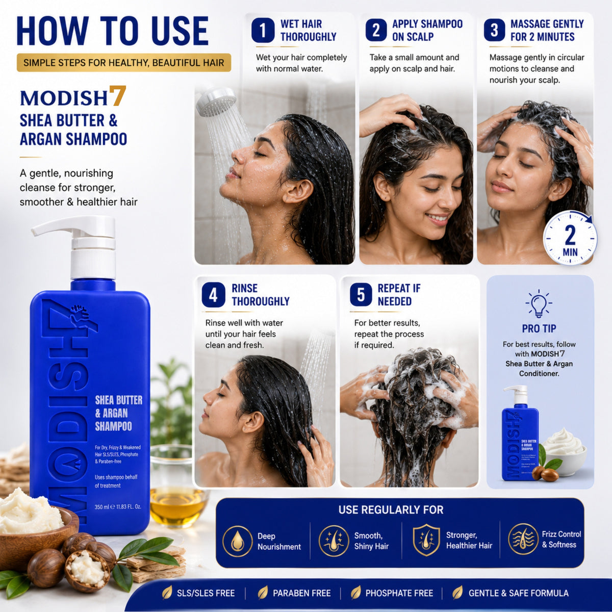 Modish7 Shea Butter Shampoo 350ml, product angle 6
