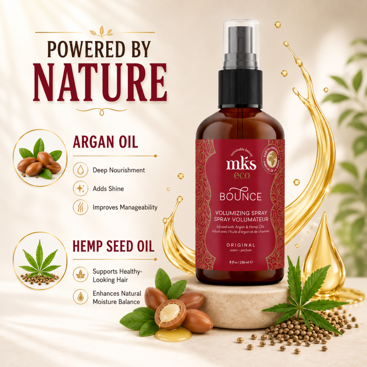 MKS eco Bounce Volumizing Spray, hemp seed oil lightweight formula