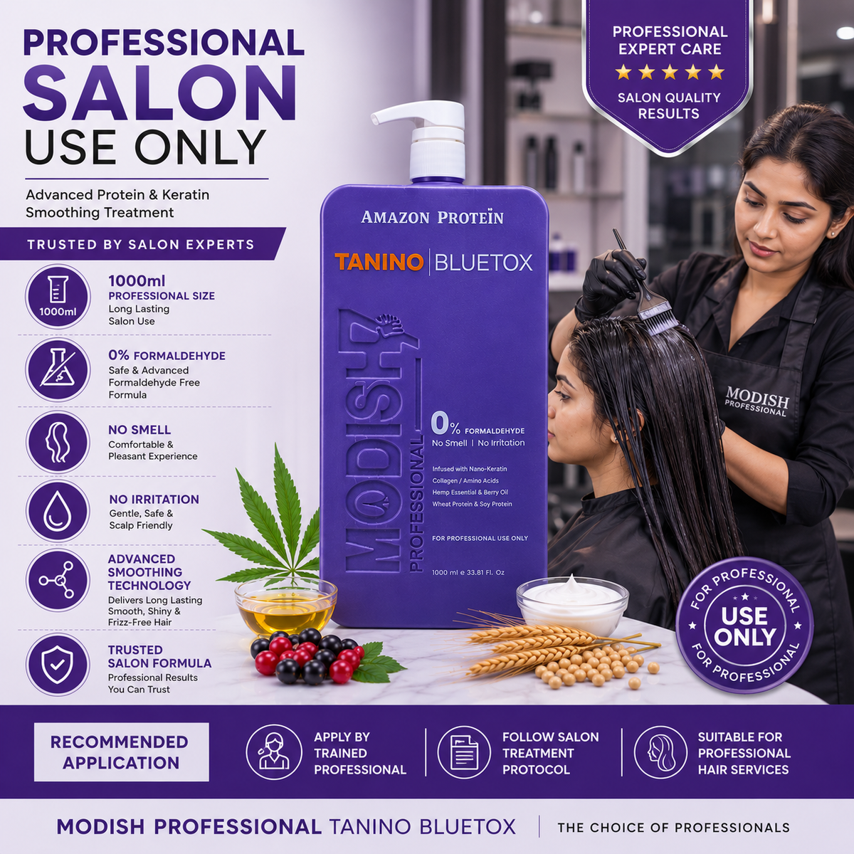 Modish7 Tanino Bluetox Smoothing Lotion, key benefits for frizz control and shine