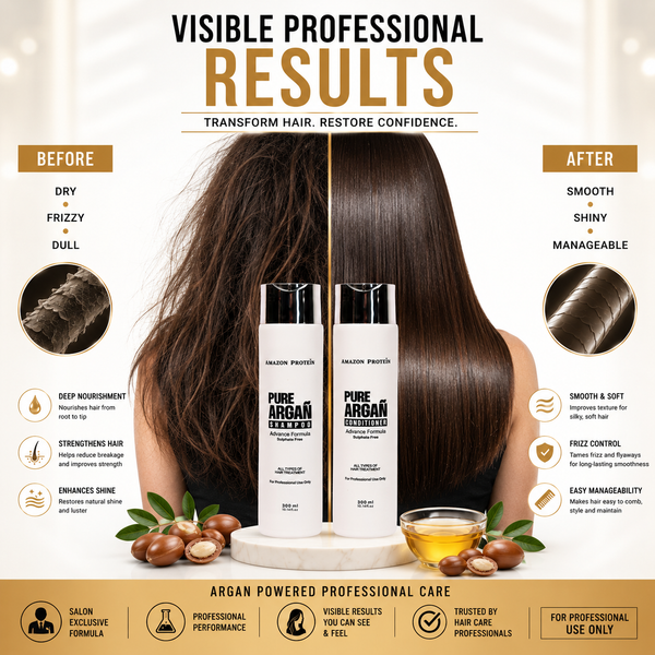 Amazon Protein Pure Argan Oil Shampoo & Conditioner Combo (300ml Each) | Sulphate Free Advanced Repair Formula | Deep Nourishing, Frizz Control & Hair Strengthening | Suitable for All Hair Types | Salon & Professional Use