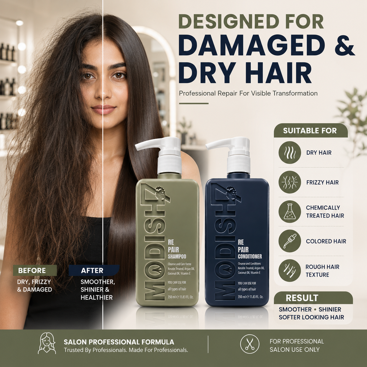 Modish7 Repair Shampoo & Conditioner Combo, ingredients: argan oil, keratin, biotin