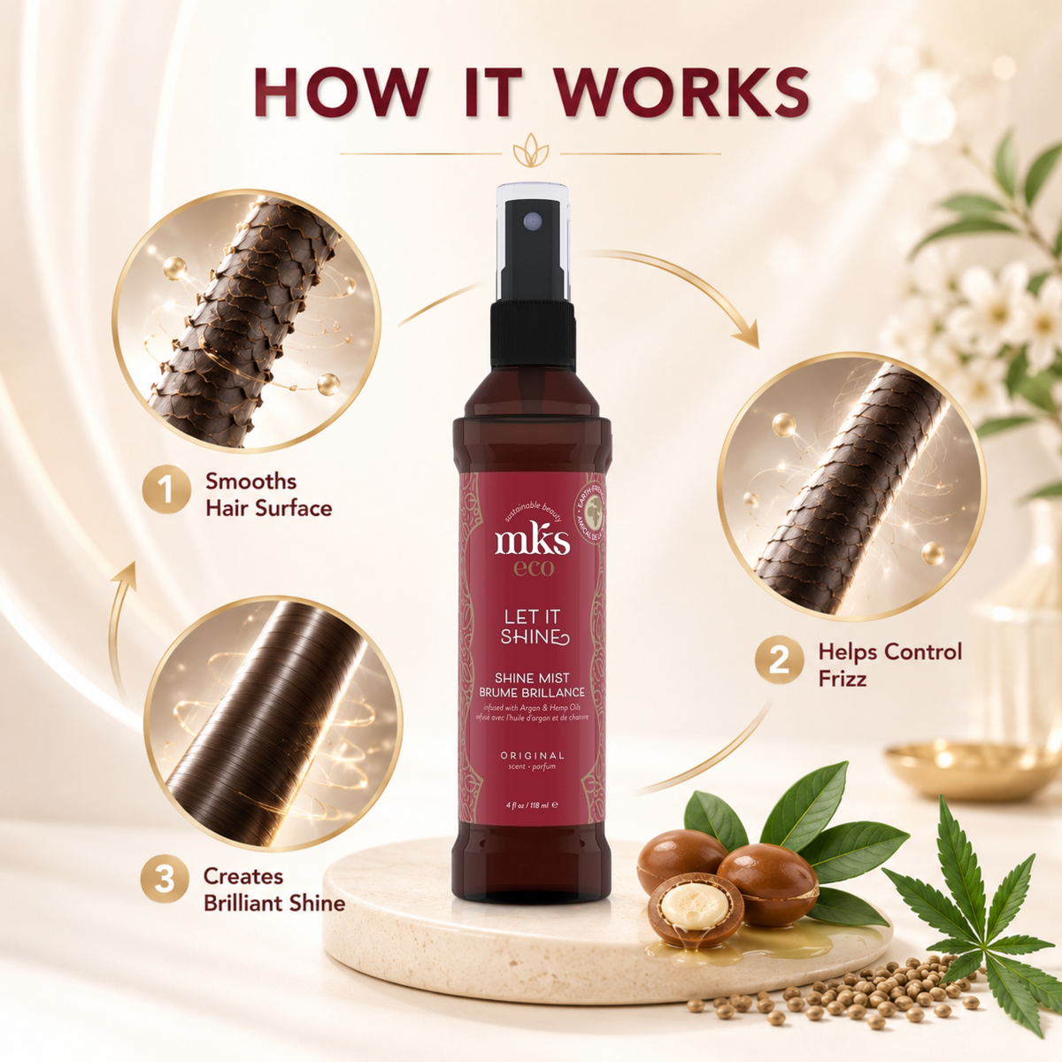 MKS eco Let It Shine Hair Mist, ingredients: moroccan argan oil, hemp seed oil