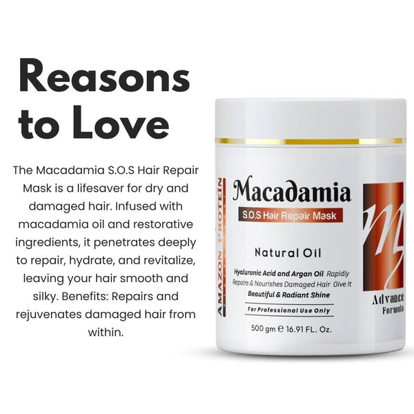 Amazon Protein Macadamia S.O.S Hair Repair Mask, Natural Oil with Hyaluronic Acid and Argan Oil, Professional Formula, 500g/16.91 FL. Oz.