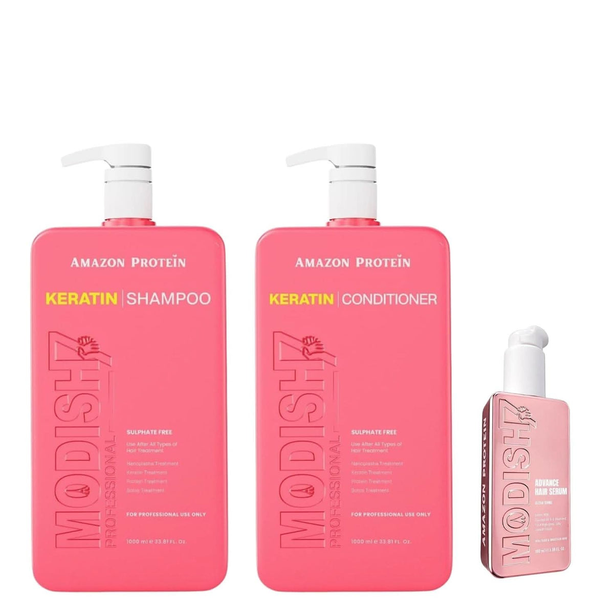 Amazon Protein Keratin Shampoo & Conditioner 1000ml Each + Modish7 Hair Serum 100ml | Sulfate-Free Frizz Control, Smooth & Shiny Hair | Professional Hair Care Combo