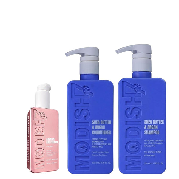 Amazon Protein Shea Butter Shampoo & Conditioner 350ml Each + Modish7 Hair Serum 100ml | Deep Moisture, Frizz Control & Shine Boost | Hair Care Combo