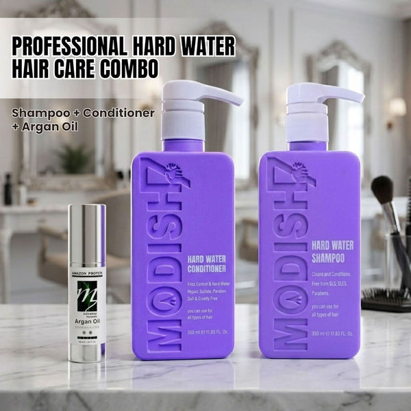 Amazon Protein Hard Water Shampoo & Conditioner 350ml Each + Argan Oil 50ml | Mineral Buildup Removal, Frizz Control & Deep Repair | Hair Care Combo