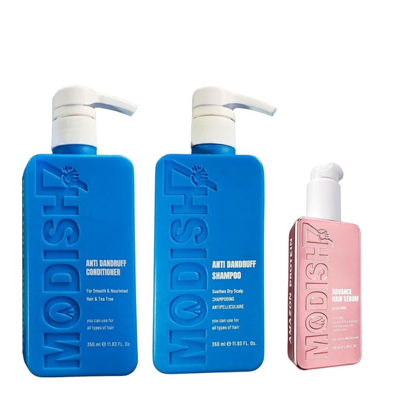 Amazon Protein Anti Dandruff Shampoo & Conditioner 350ml Each + Modish7 Hair Serum 100ml | Flake Control, Scalp Care & Frizz-Free Shine | Hair Care Combo