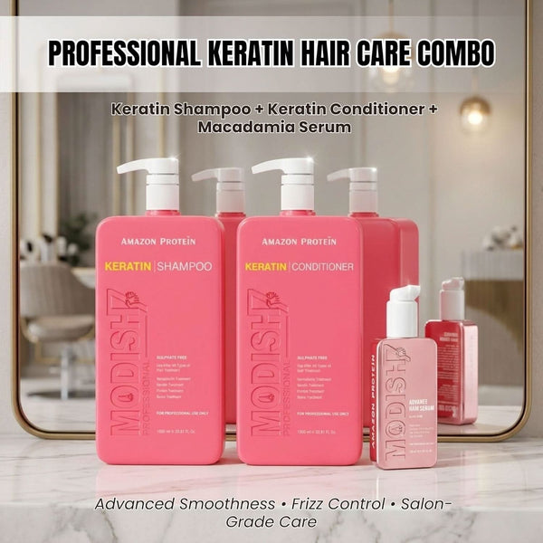 Amazon Protein Keratin Shampoo & Conditioner 1000ml Each + Modish7 Hair Serum 100ml | Sulfate-Free Frizz Control, Smooth & Shiny Hair | Professional Hair Care Combo