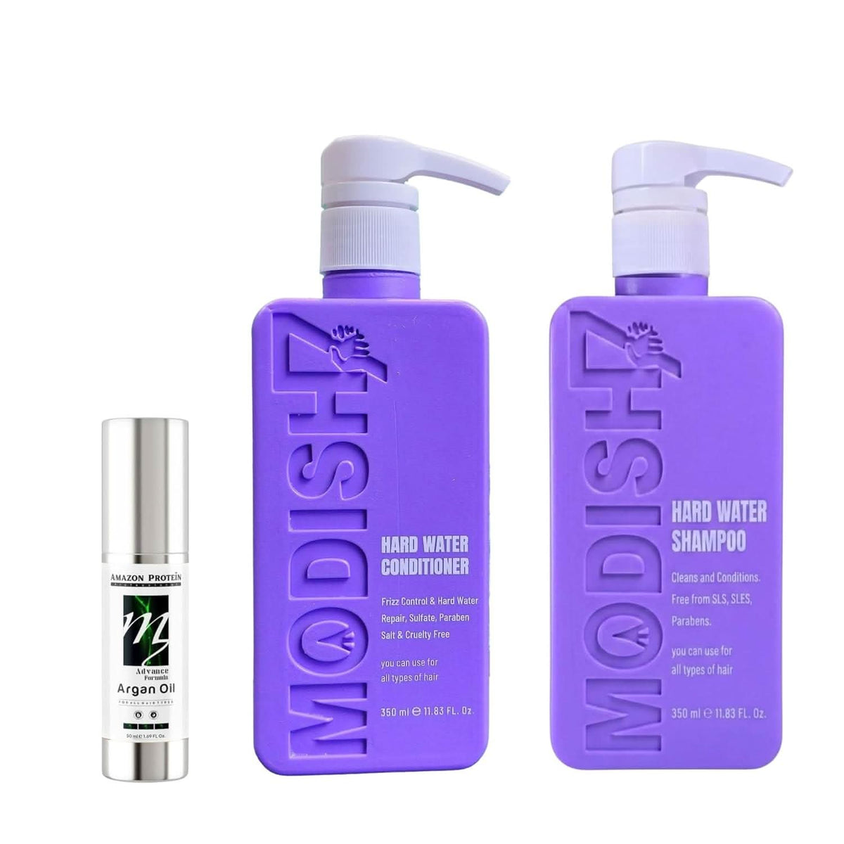 Amazon Protein Hard Water Shampoo & Conditioner 350ml Each + Argan Oil 50ml | Mineral Buildup Removal, Frizz Control & Deep Repair | Hair Care Combo
