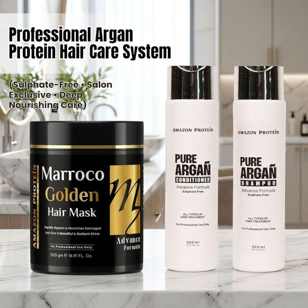 Amazon Protein Morocco Golden Hair Mask 500g + Argan Oil Shampoo & Conditioner 300ml Each | Deep Repair, Hydration & Frizz Control | Sulfate-Free Hair Care Combo