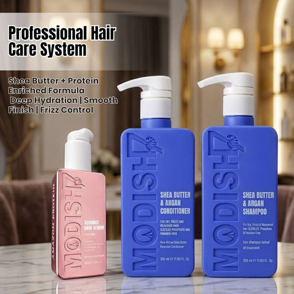 Amazon Protein Shea Butter Shampoo & Conditioner 350ml Each + Modish7 Hair Serum 100ml | Deep Moisture, Frizz Control & Shine Boost | Hair Care Combo